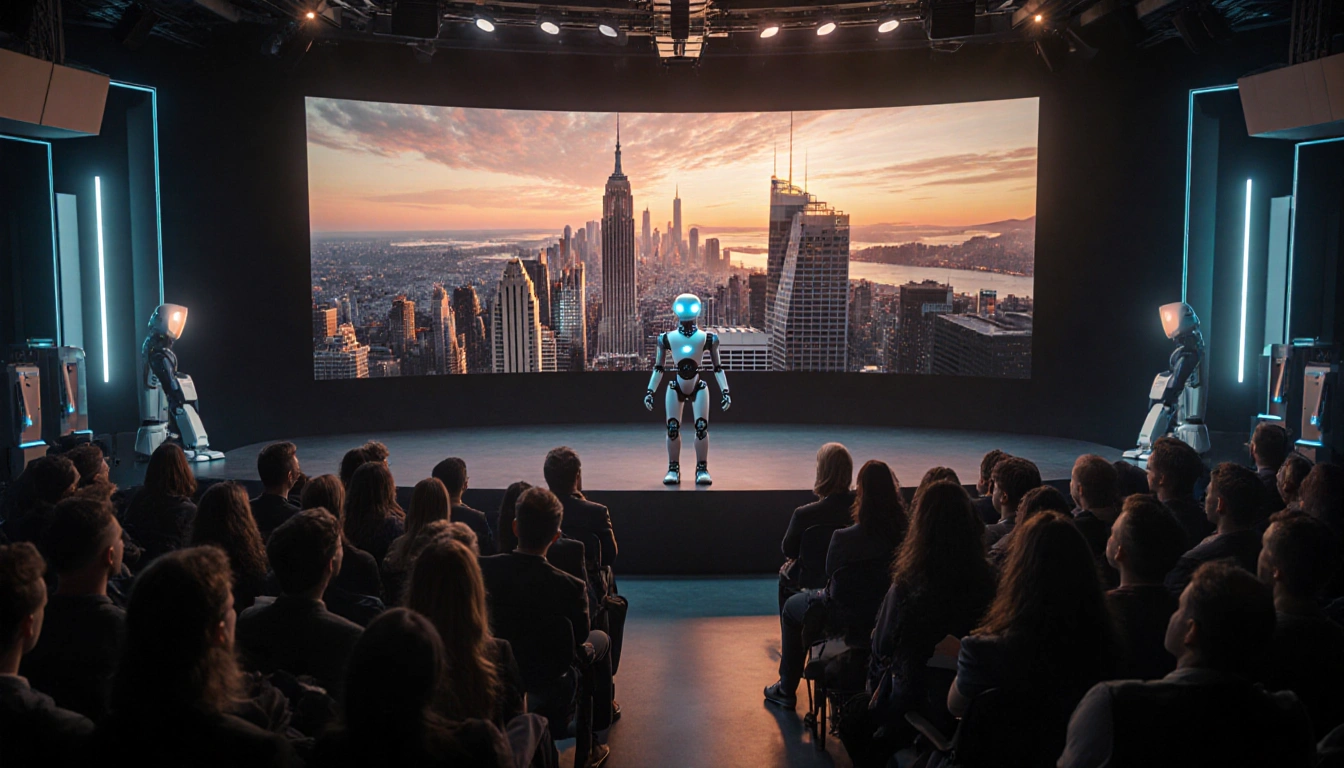 Humanoid robot stands with eyes directing a screen showing a city amid a conference room of 2000 attendees with innovation