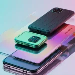 Futuristic smartphone displays bold colors and textures with a reflected lens under pastel lighting