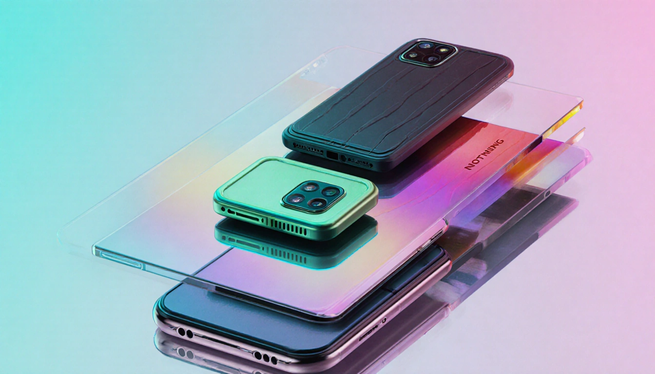 Futuristic smartphone displays bold colors and textures with a reflected lens under pastel lighting