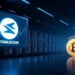 LED display shows stablecoin and deflated meme coin logos with dimly-lit server rows in background.