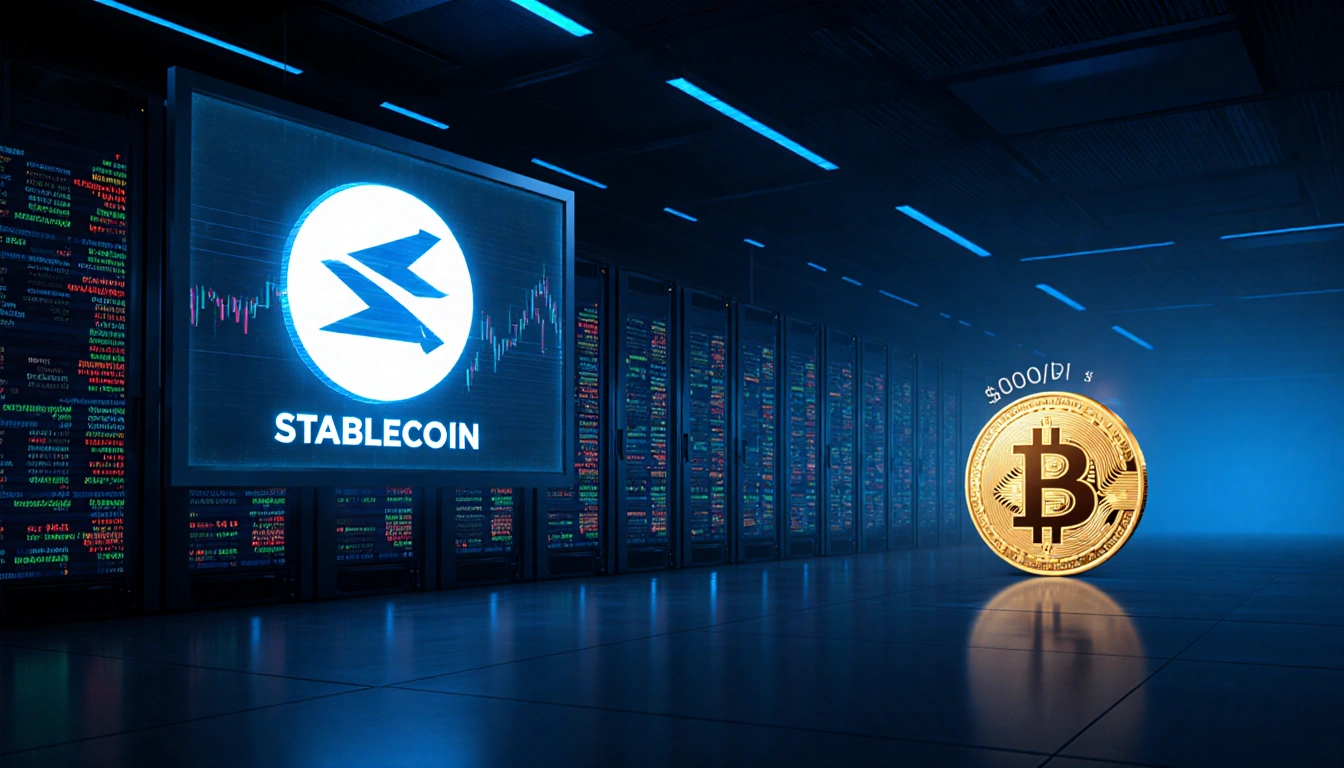 LED display shows stablecoin and deflated meme coin logos with dimly-lit server rows in background.