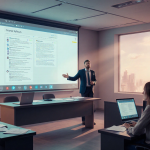 Professor presenting on sleek screen with syllabus and AI audit notes in futuristic classroom