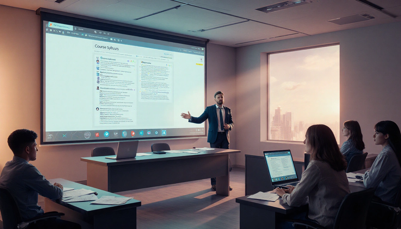 Professor presenting on sleek screen with syllabus and AI audit notes in futuristic classroom