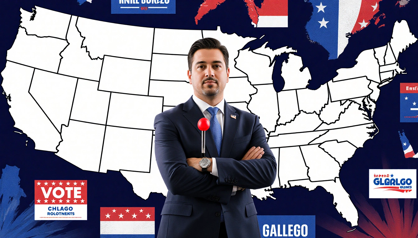 Gallego standing before U.S. map with red markers for Democratic wins and campaign material for New Jersey Virginia Florida.
