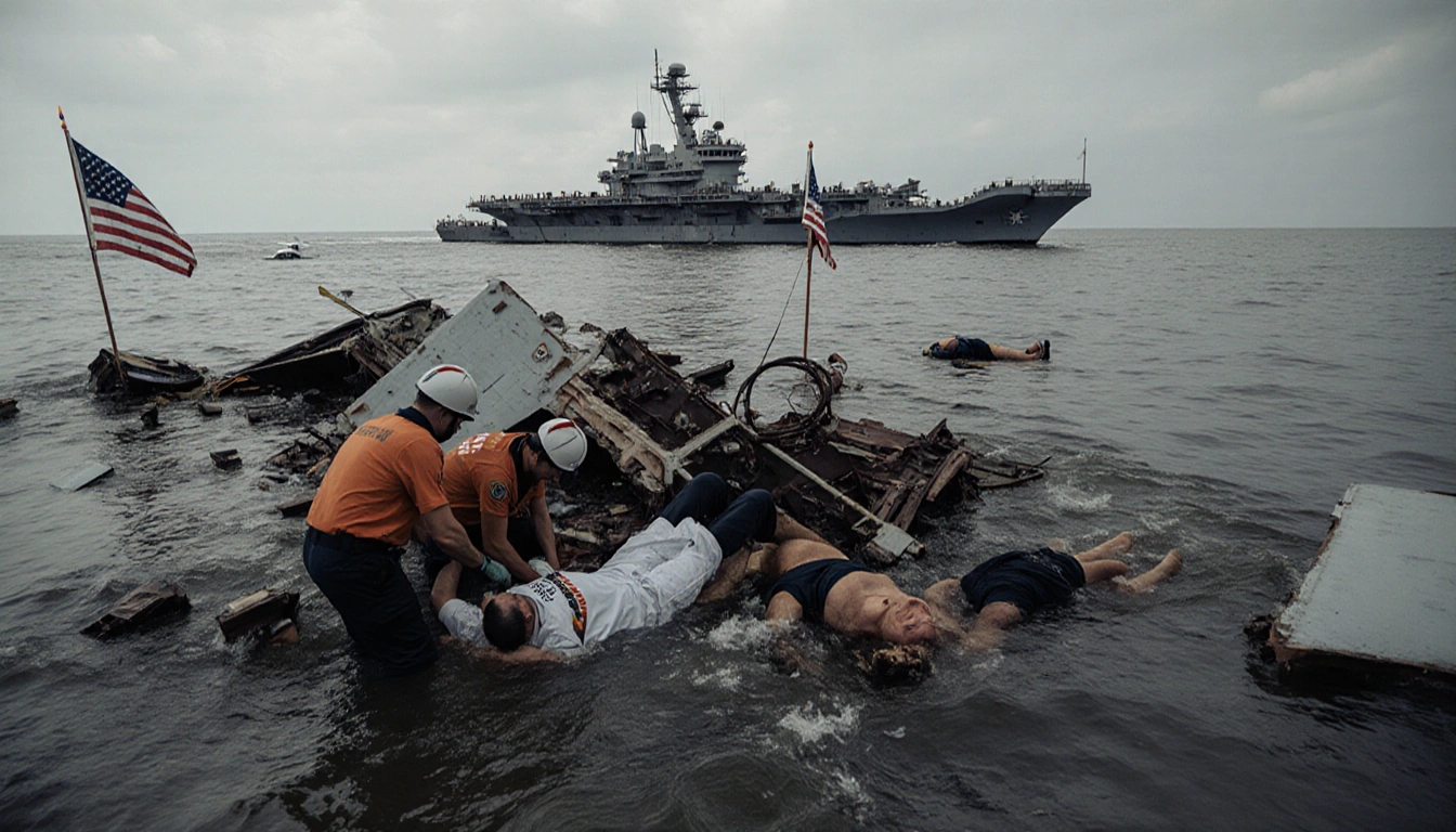 Search and rescue team pulling two survivors with medical staff near a Navy boat and an aircraft carrier in background