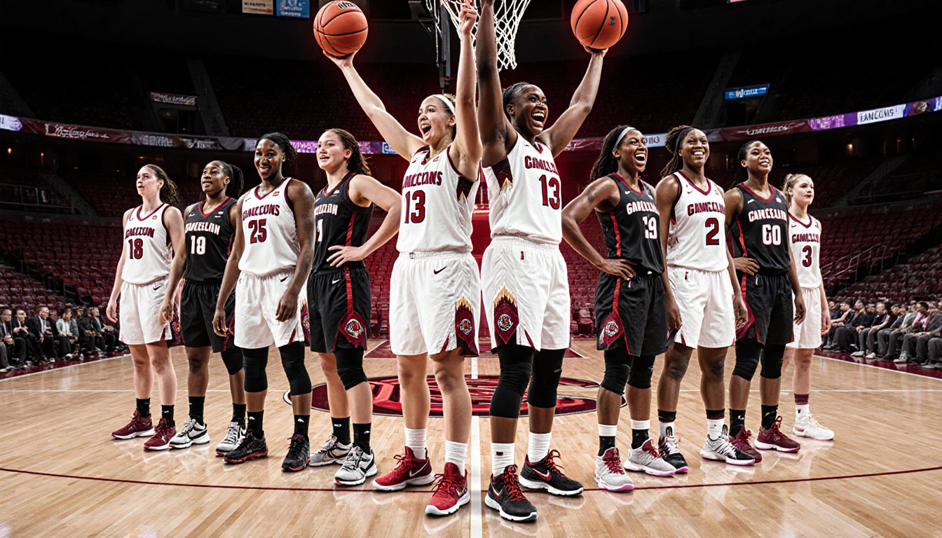 Tessa Johnson and Madina Okot Gamecocks stand back-to-back raising arms in victory with jerseys and sneakers near a hoop.