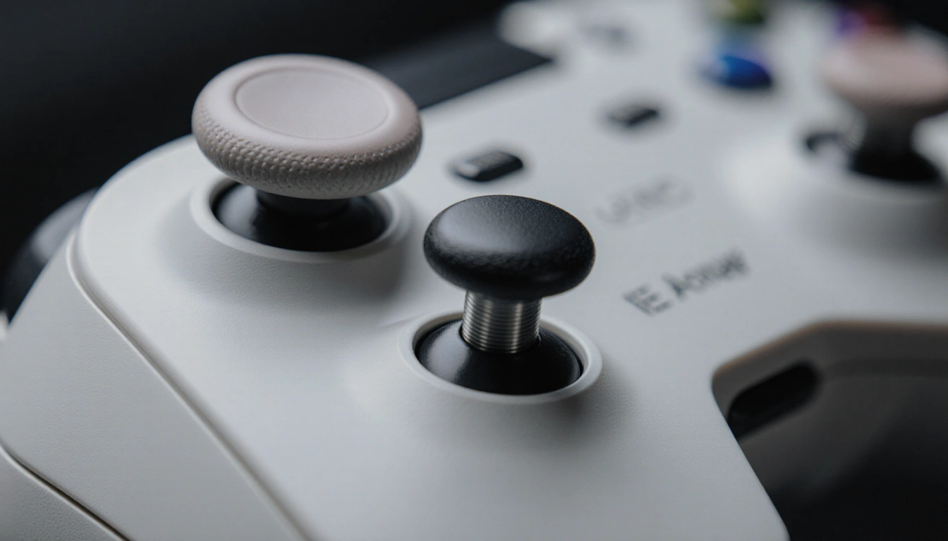 Gaming controller showing frictionless thumbstick motion with metal stems and anti-friction rings