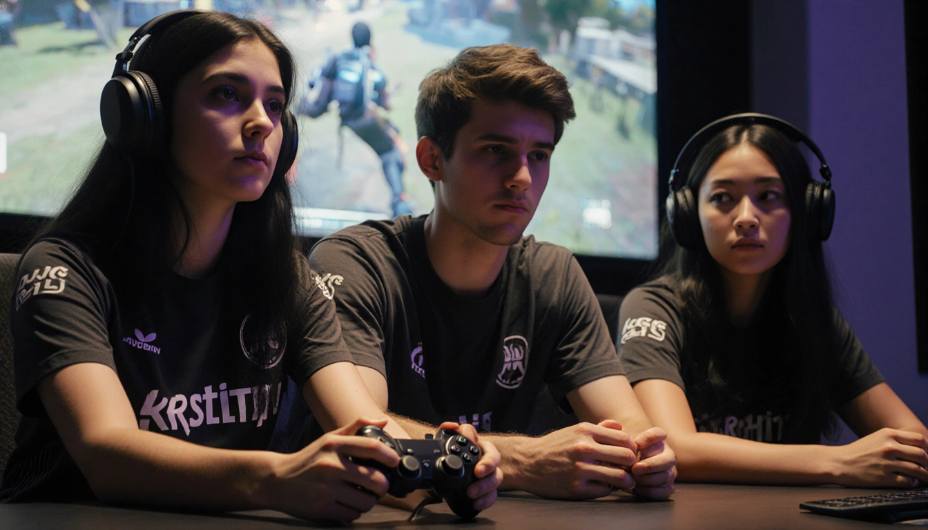 Kristina holds controller while Steven watches and Sophi leans forward near a gaming screen
