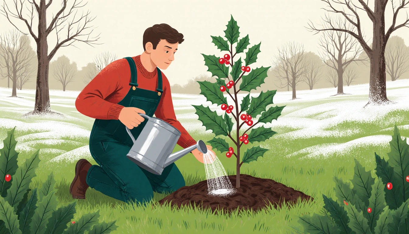Gardener kneeling waters young holly tree with bright red berries while faint winter trees fade behind