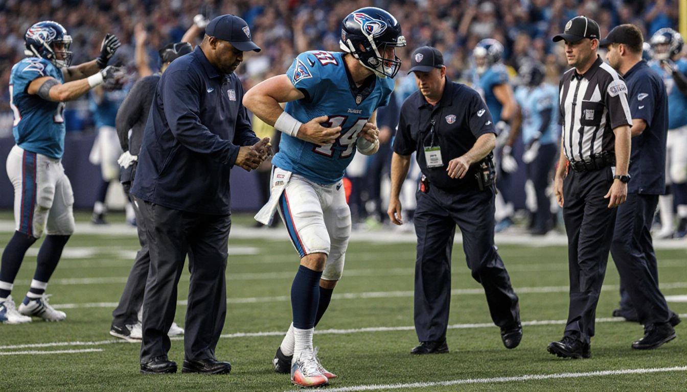 Gardner Minshew clutches his left knee stride with trainers and a coach assessing with Titans celebrating in distance.