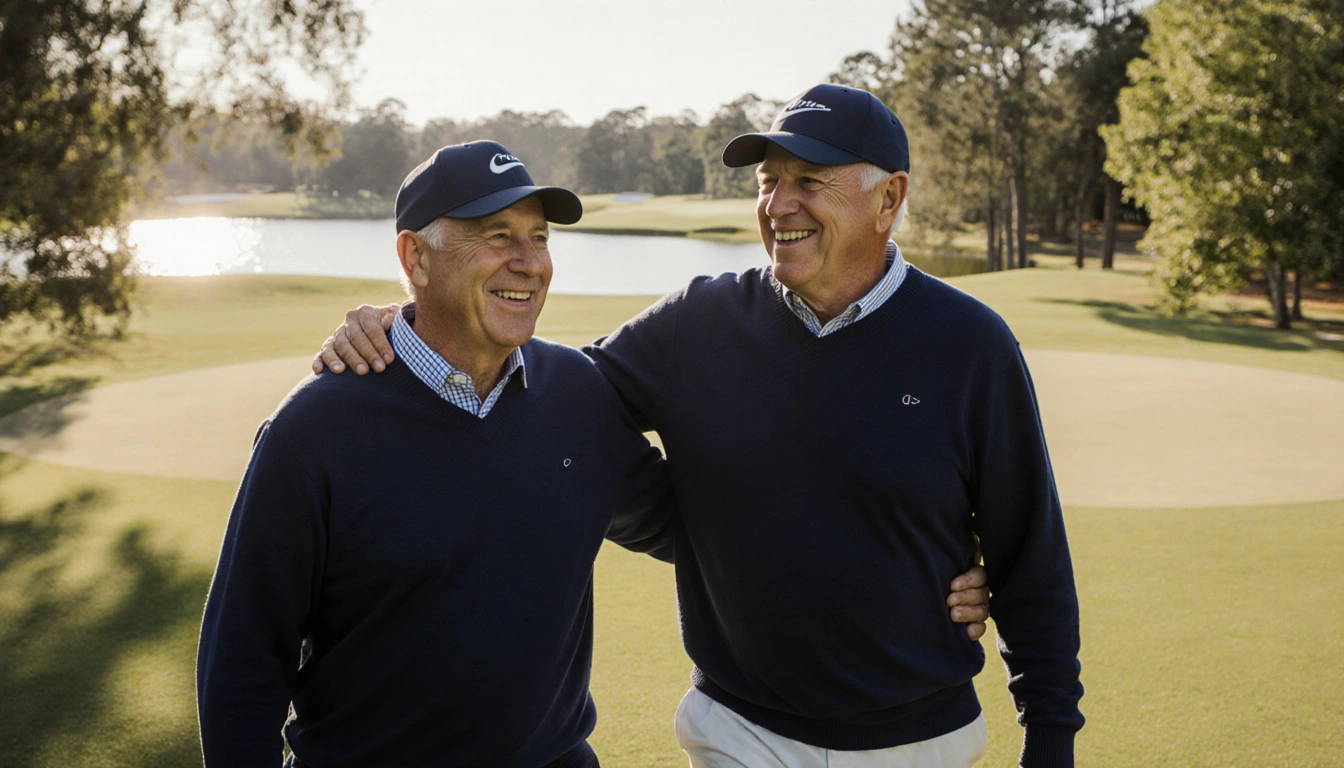 Gary Woodland walking beside his father on a sunny golf course with navy sweaters and a calm lake behind