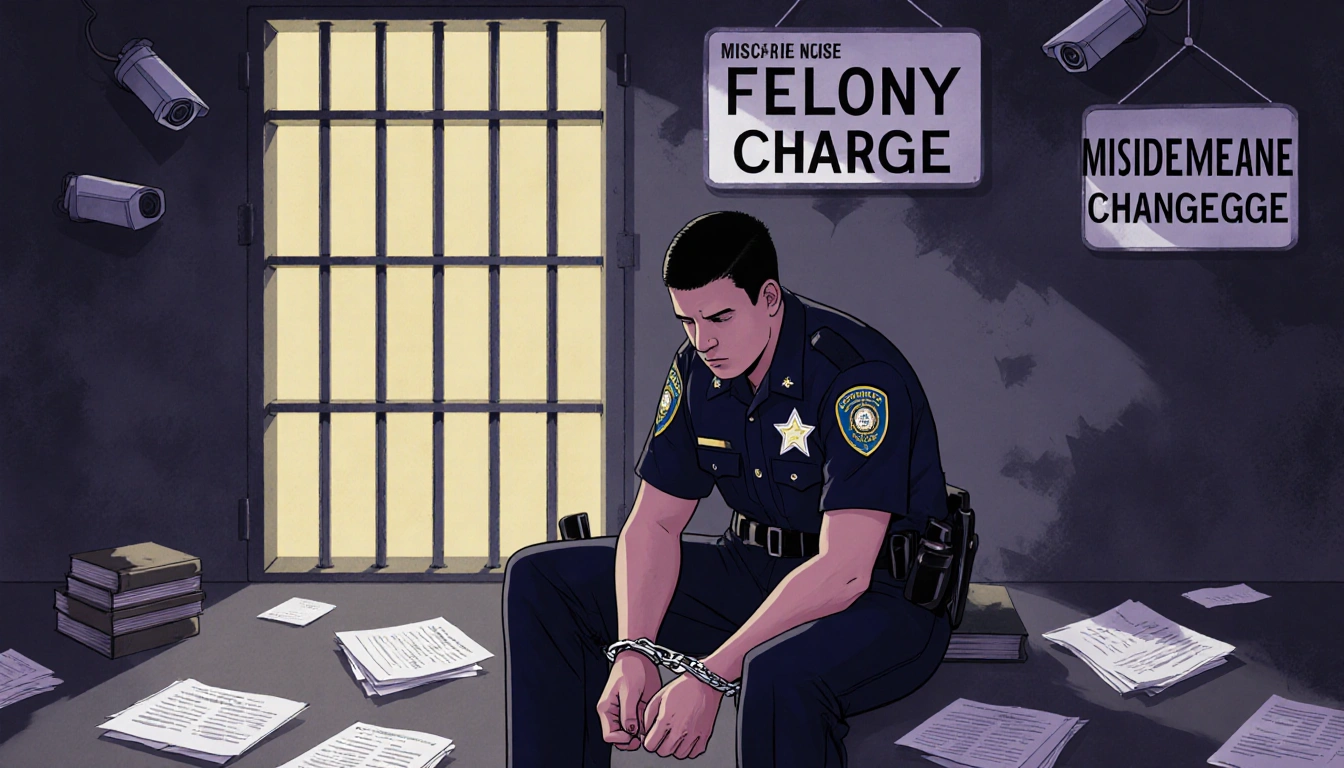 Garza sits in handcuffs with police badge visible on uniform in dim jail cell with bars and a large Felony Charge sign overhe