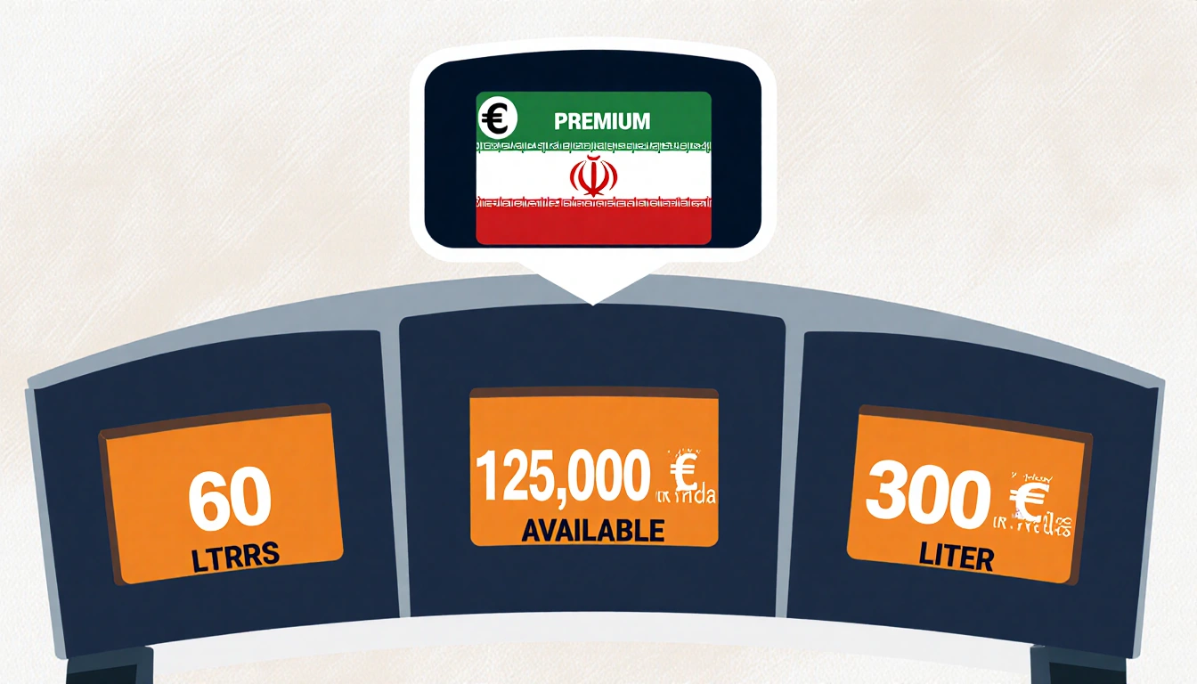Gas pump shows three price tiers with 60L at 15k rials 100L at 30k rials and a premium with symbols on backdrop.