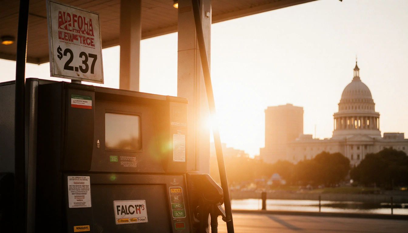 Gas pump pumping fuel with orange sunset glow and faded