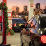 Gas pumps light up with holiday wreaths and garlands near parked cars at sunset.