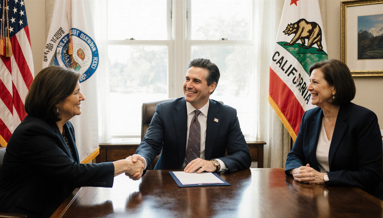 Governor Gavin Newsom shaking hands with Susan Monarez and Dr. Debra Houry in a sunlit California office with CDC logo