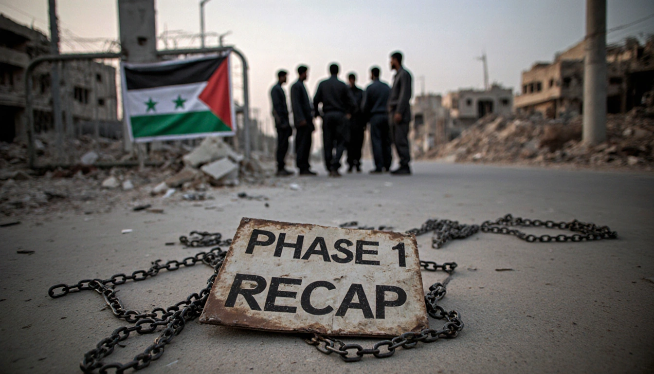 Palestinian prisoners exiting a checkpoint with broken chains scattered and Phase 1 Recap banner blurred Gaza border.