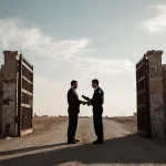 Hamas representative exchanging documents with Israeli officials border crossing near stone walls and gates under warm light