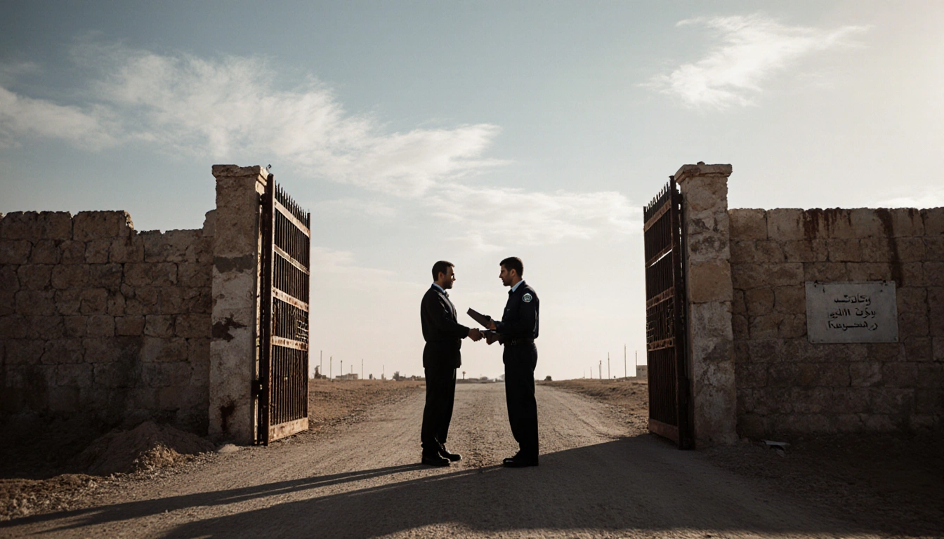 Hamas representative exchanging documents with Israeli officials border crossing near stone walls and gates under warm light