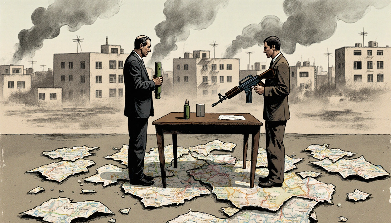Israeli and Palestinian leaders at ceasefire table with torn maps on the floor and smoke rising from buildings conflict Gaza