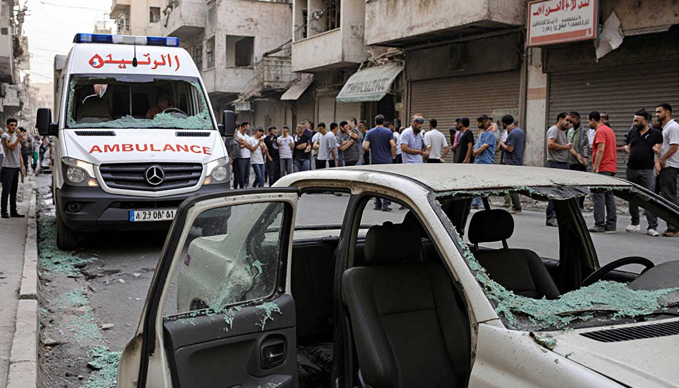 Vehicle in Gaza lies with door ajar and interior visible through broken glass near ambulance pulling up and staff exiting.
