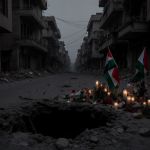 Crater marks strike site with memorial and flags and candles on rubble street in Gaza
