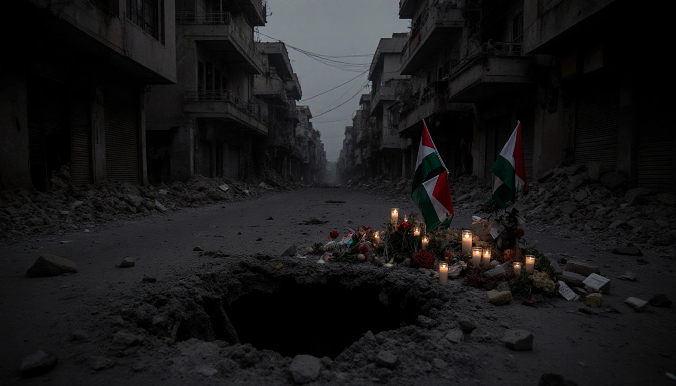 Crater marks strike site with memorial and flags and candles on rubble street in Gaza