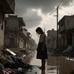 Young girl looking at her feet with muddy lane and flooded streets in Gaza showing desperation.