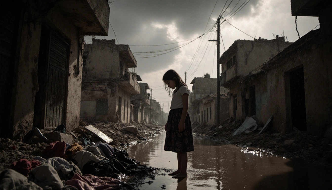 Young girl looking at her feet with muddy lane and flooded streets in Gaza showing desperation.