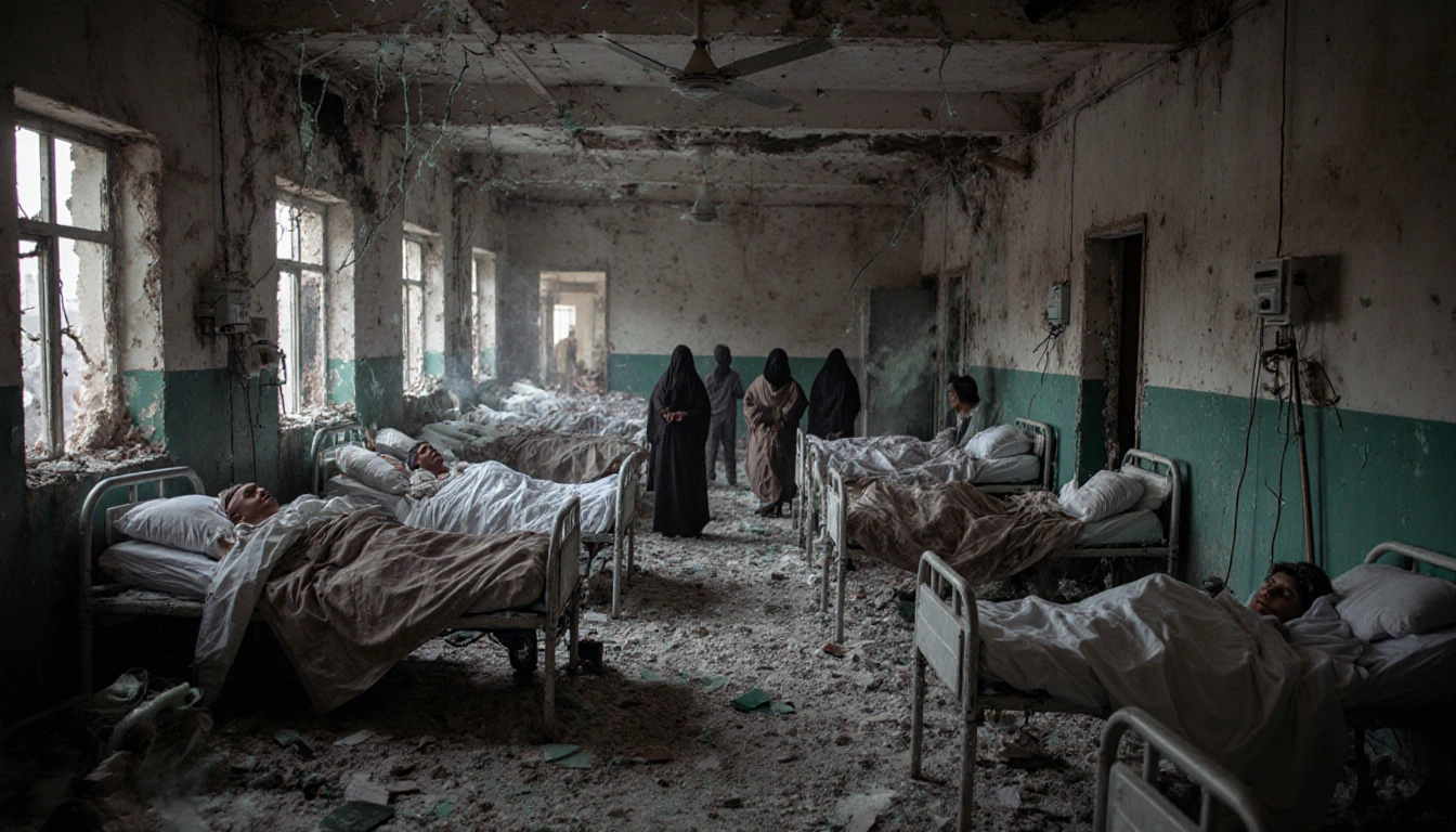 Patients lying on makeshift beds with broken glass and shattered equipment in a chaotic Gaza hospital.