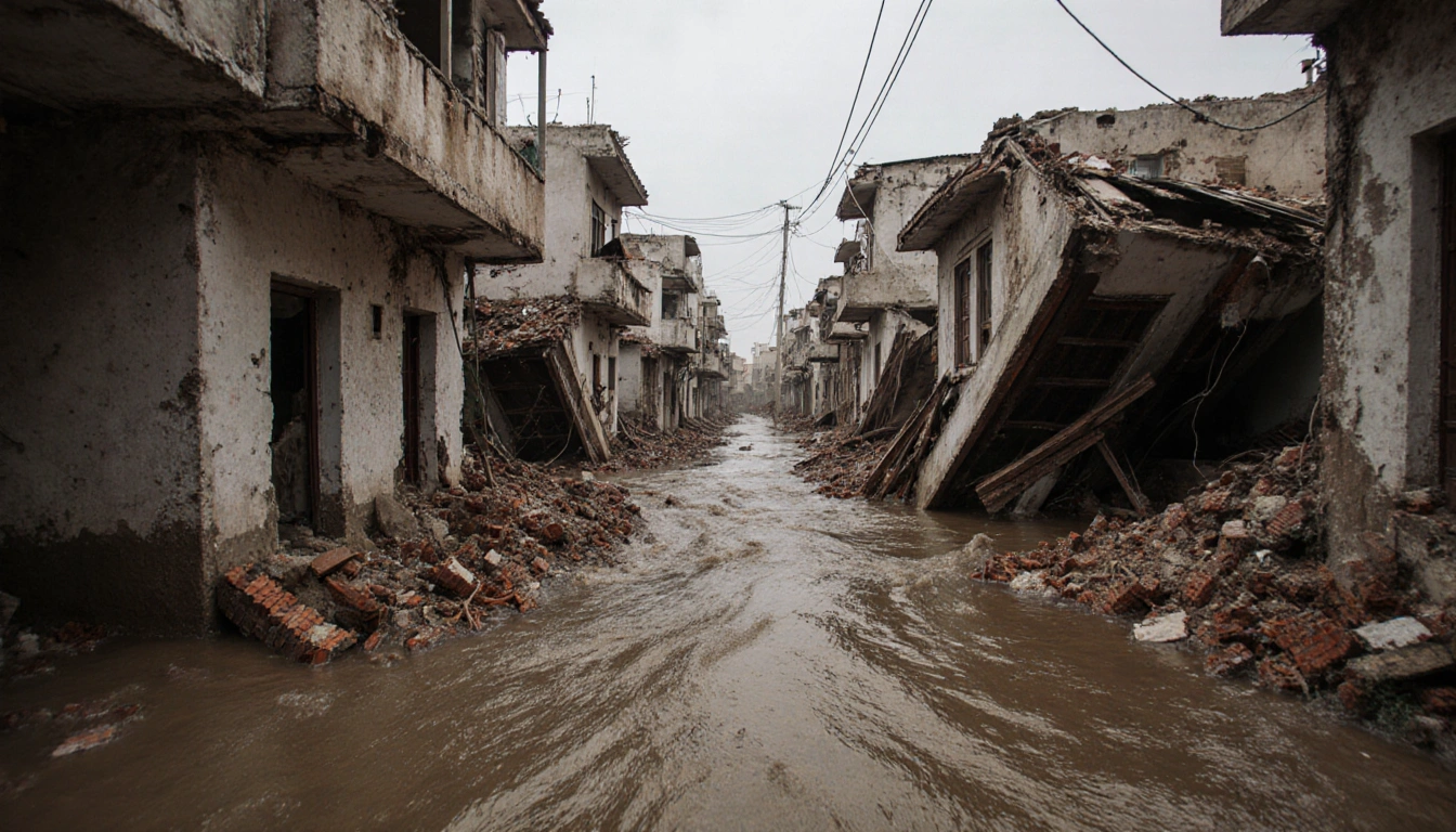 Muddy lane snakes through damaged buildings with rising floodwater and scattered debris.