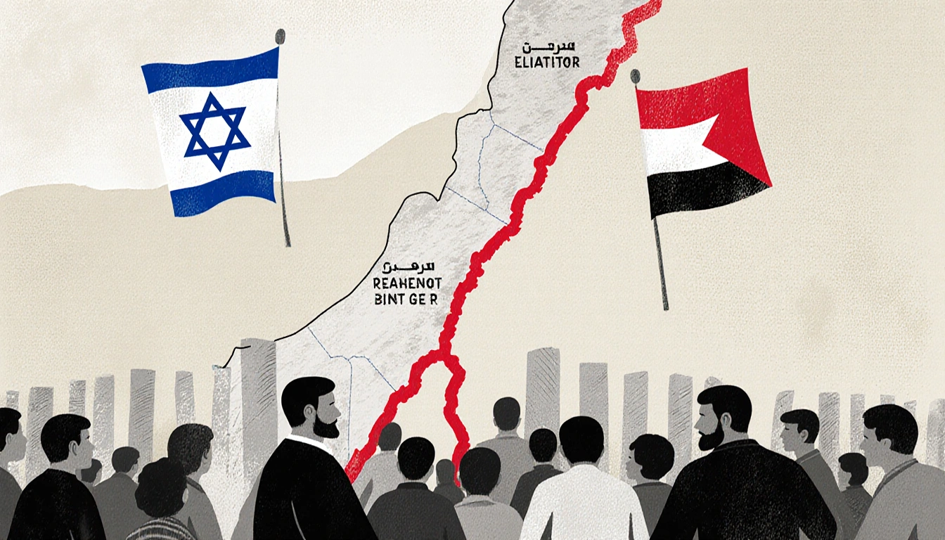 Blurred crowd trying to cross Gaza border with red line and Israeli and Palestinian flags indicating tension