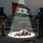 Soldiers stand back-to-back with rifles as a spotlight hits a ruined flag and a fallen body below.