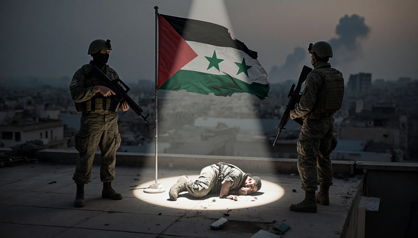 Soldiers stand back-to-back with rifles as a spotlight hits a ruined flag and a fallen body below.