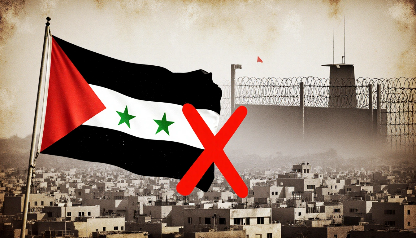 Gaza cityscape showing Hamas flag waving with red X overlaid and faded checkpoint in background.