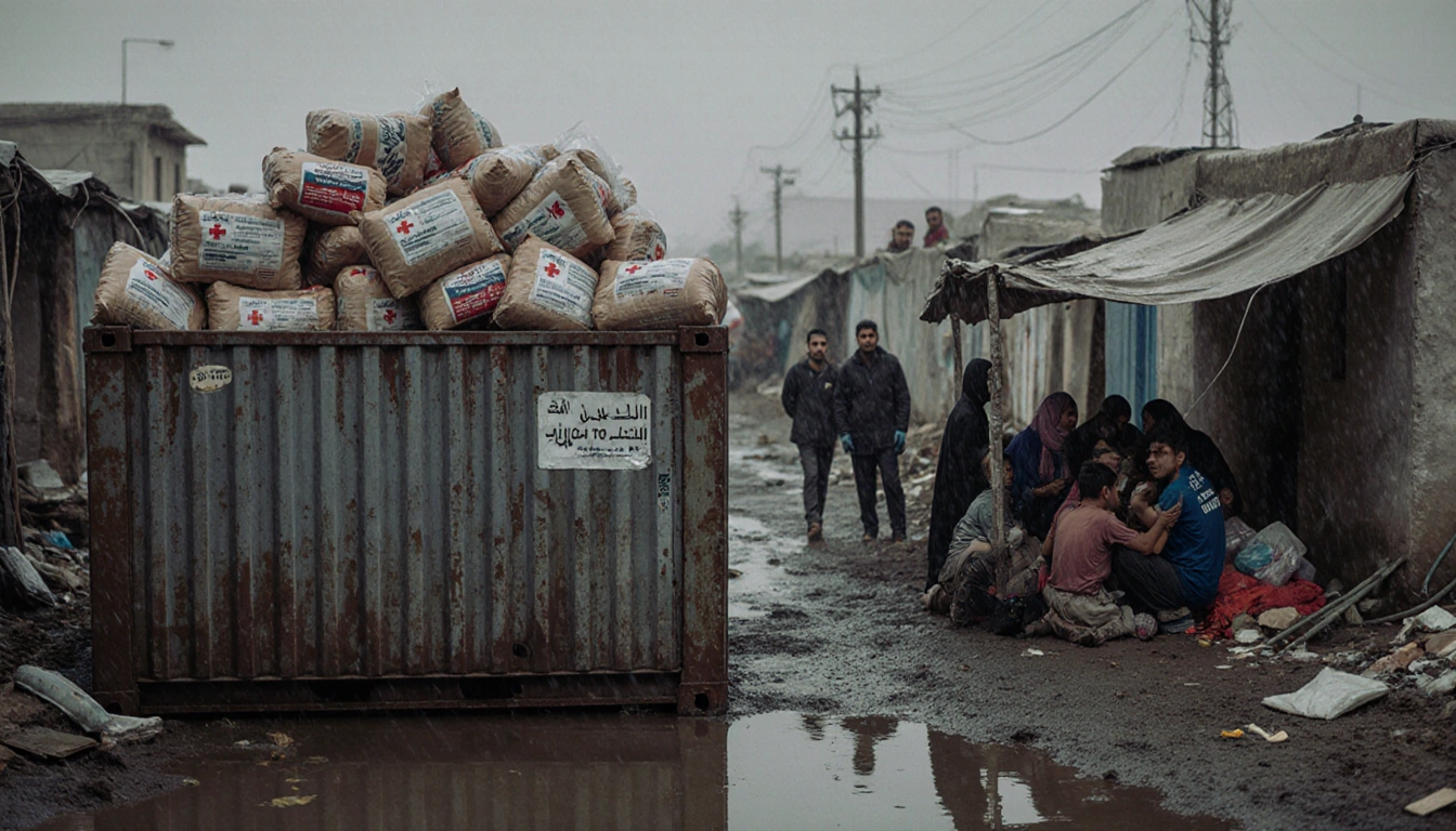 Container overflowing with aid supplies with people huddling under rain-soaked awning in Gaza camp