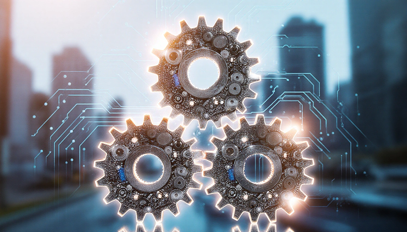 Interlocking gears form a triangle of intricate parts with blurred cityscape background showing technology.