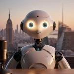 Gemini Live AI bot sits on a desk with microphone in front and warm light illuminating its AI face for storytelling.