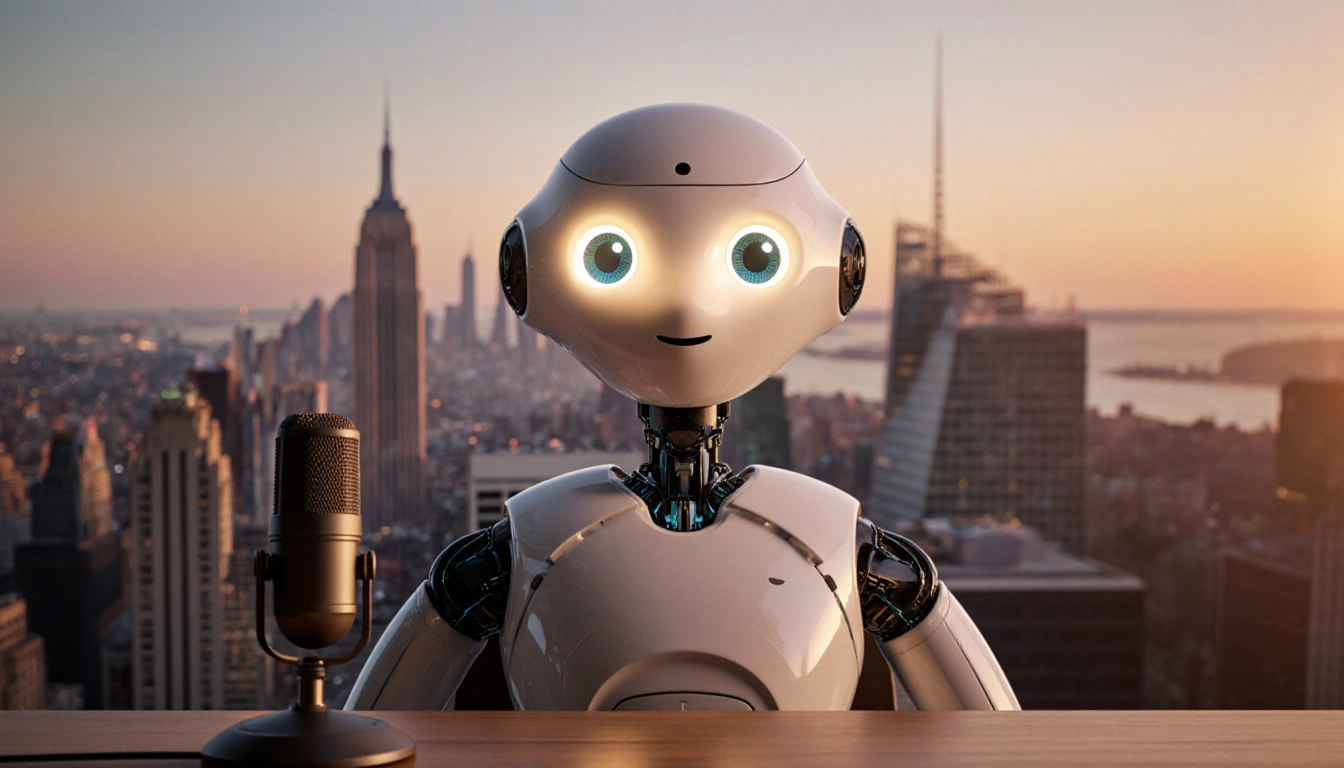 Gemini Live AI bot sits on a desk with microphone in front and warm light illuminating its AI face for storytelling.