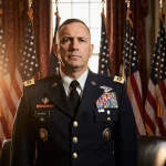 General Gregory Guillot standing sternly with American flags and warm sunset glow illuminating the empty chair behind him