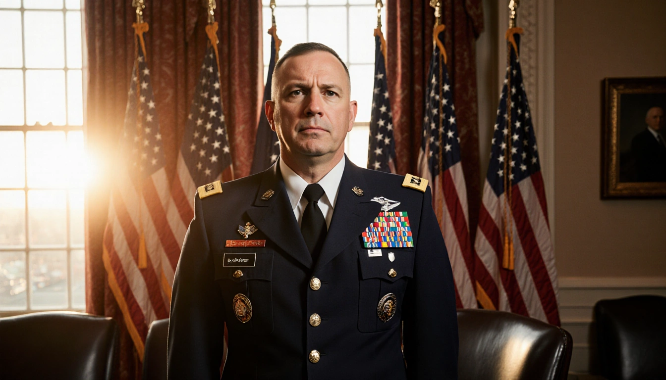 General Gregory Guillot standing sternly with American flags and warm sunset glow illuminating the empty chair behind him