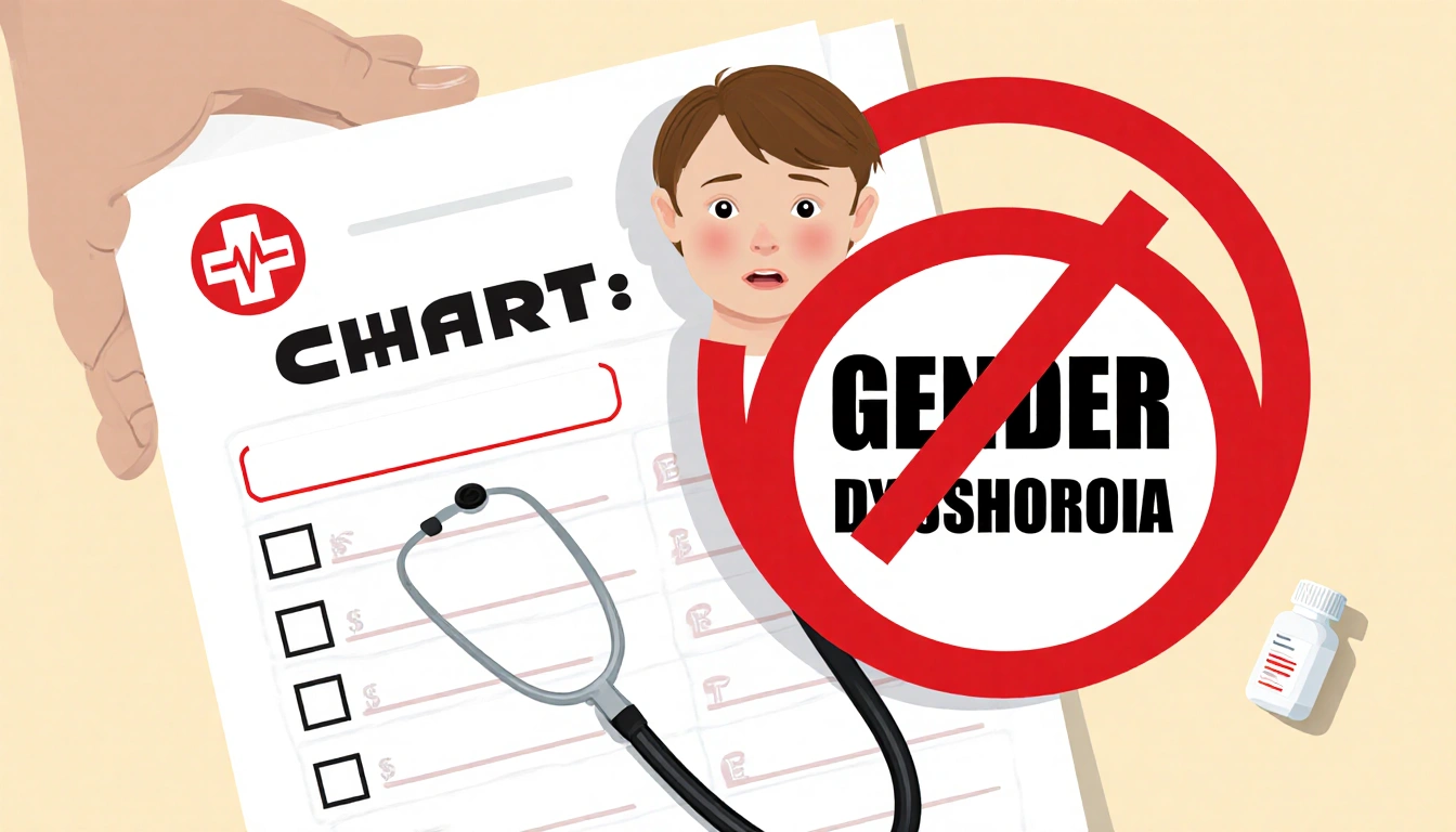 Medical chart marked with red X and circle of Gender Dysphoria text with background face and faint medication bottle