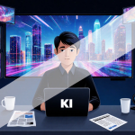 Person browsing generative AI news on tablet with KXAN logo while a futuristic cityscape screen glows on the desk
