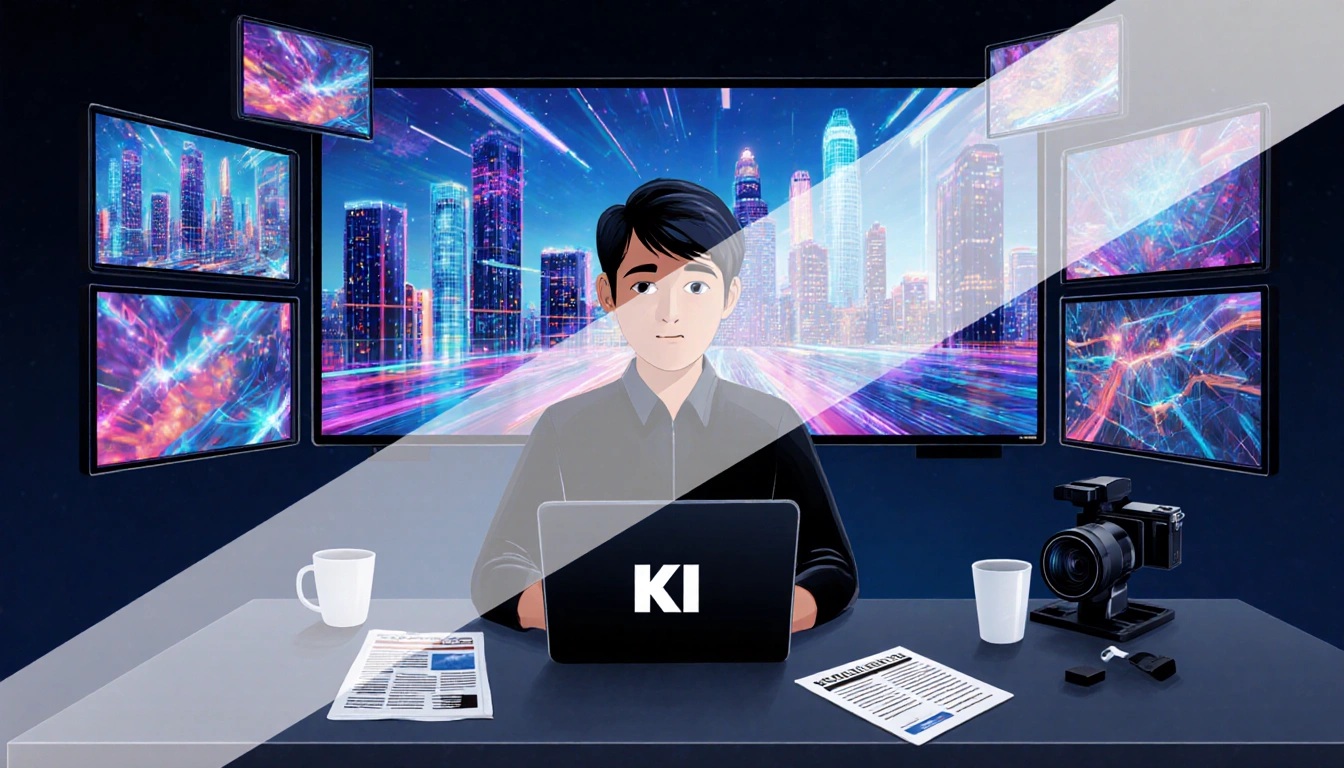 Person browsing generative AI news on tablet with KXAN logo while a futuristic cityscape screen glows on the desk