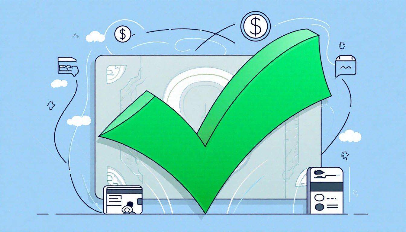 Green checkmark symbolizing stablecoin approval with flowing lines and subtle dollar background
