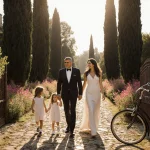 George Clooney walks with his family through a sunny French garden with cypress trees and a vintage bicycle near a gate