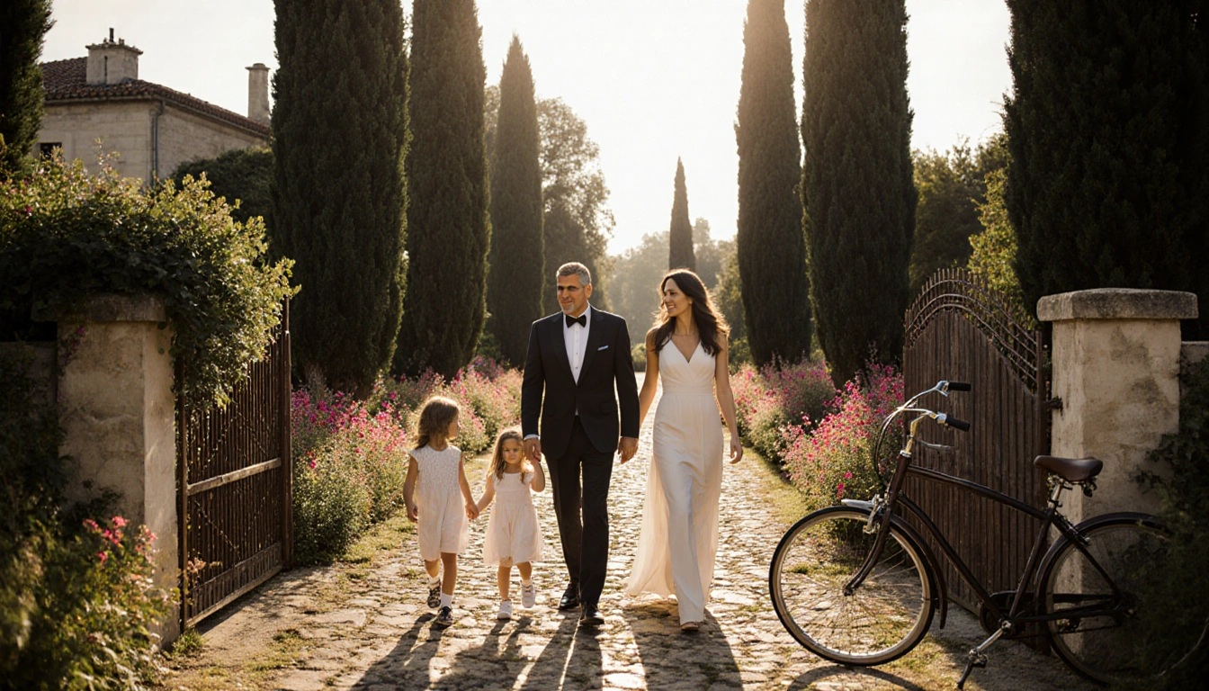 George Clooney walks with his family through a sunny French garden with cypress trees and a vintage bicycle near a gate