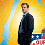 George Conway standing confidently before a large New York City map with a Vote for George sign and a suitcase.