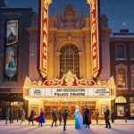 Golden light spills onto Georgetown Palace Theatre façade at dusk with snow-covered streets and festive fairy lights