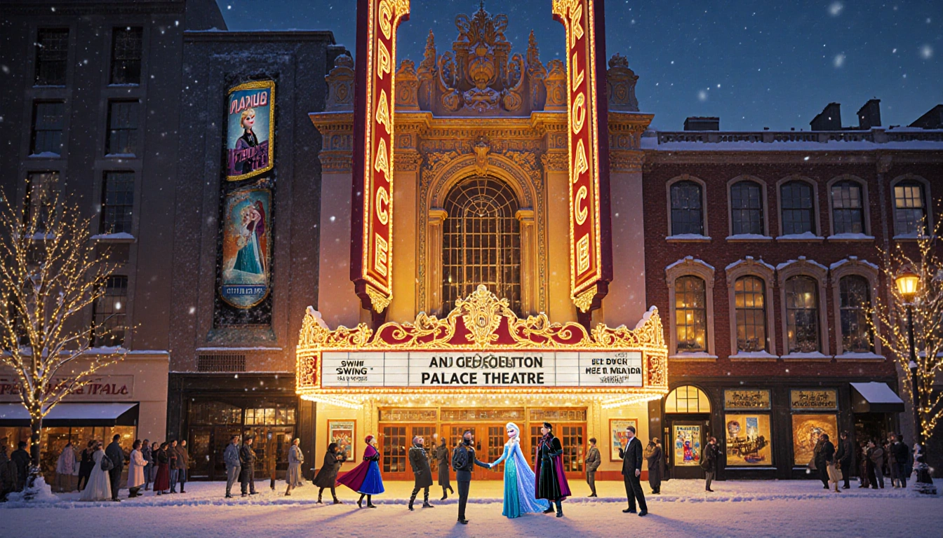 Golden light spills onto Georgetown Palace Theatre façade at dusk with snow-covered streets and festive fairy lights